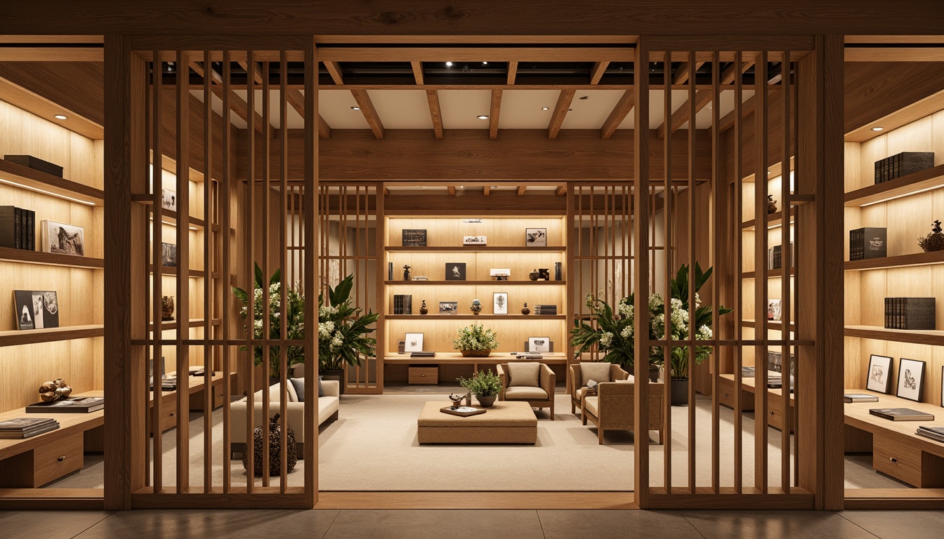 Prompt: Asian-inspired library interior, traditional Japanese sliding doors, natural wood shelves, minimalist metal frames, subtle LED lighting, warm beige tones, cultural artifact displays, ancient book collections, comfortable seating areas, plush cushions, intricate wooden carvings, geometric patterns, soft warm glow, 1/2 composition, shallow depth of field, realistic textures, ambient occlusion.