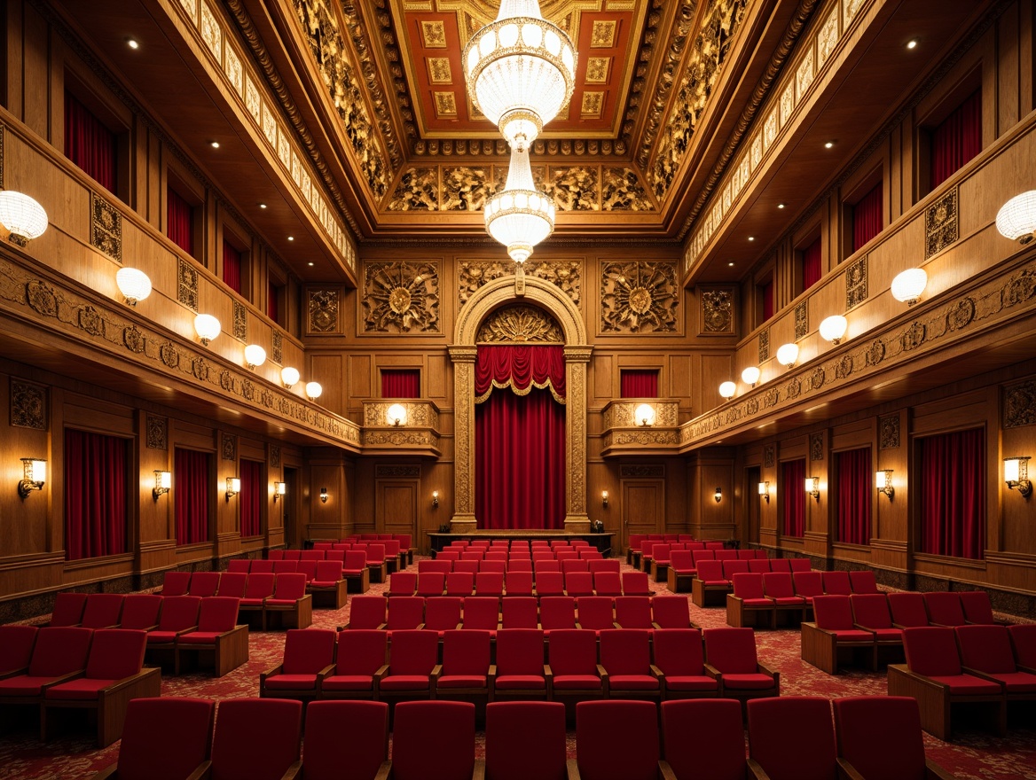 Prompt: Richly ornate auditorium, traditional architectural style, grand chandeliers, intricately carved wooden panels, plush red velvet seats, gilded moldings, luxurious drapery, innovative acoustic panels, sound-absorbing materials, geometric patterns, 3D textures, warm golden lighting, soft focus, shallow depth of field, 2/3 composition, symmetrical framing, realistic wood grains, ambient occlusion.