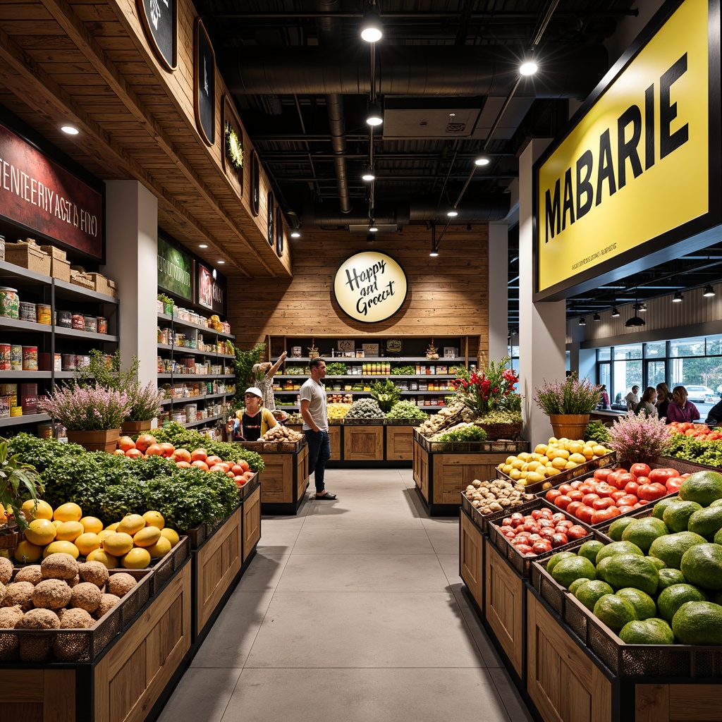 Prompt: Vibrant grocery store interior, bold signage, playful typography, colorful produce stands, wooden crates, fresh flowers, rustic metal shelves, modern LED lighting, eclectic decorative accents, lively atmosphere, shallow depth of field, 1/1 composition, realistic textures, ambient occlusion.Please let me know if this meets your requirements or if you need any adjustments!