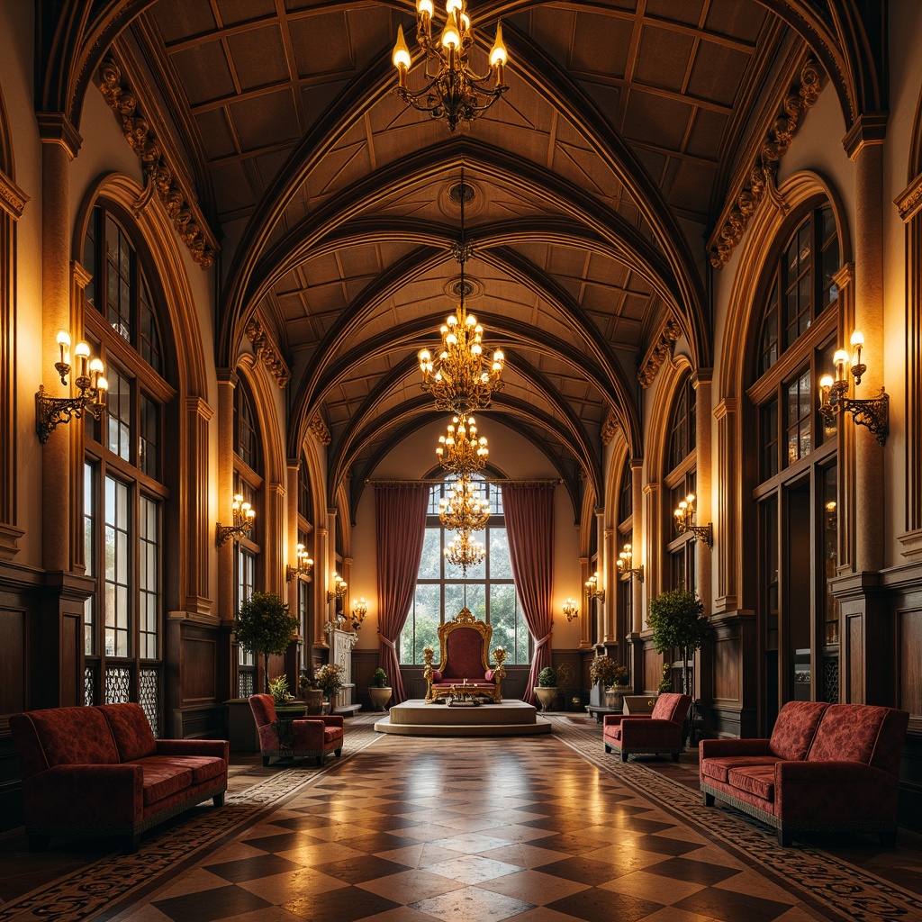 Prompt: Ornate Gothic arches, lavish gold accents, intricate stone carvings, grand chandeliers, plush velvet drapes, ornamental ironwork, majestic marble floors, luxurious crystal fixtures, regal throne-like furniture, mystical ancient artifacts, mysterious ambient lighting, 1/1 composition, shallow depth of field, warm golden tones, rich textures, subtle shadowing.