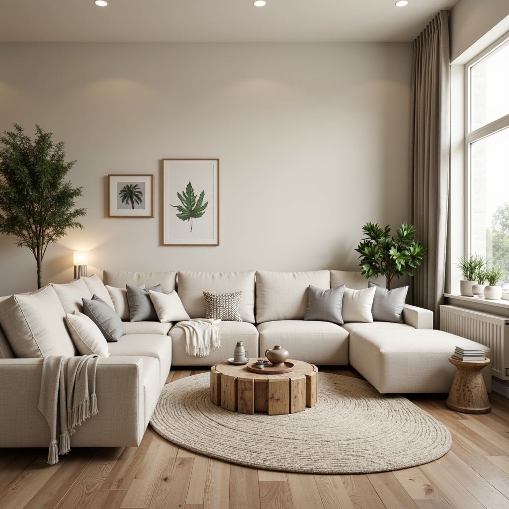 Prompt: Calming living room, neutral beige walls, creamy white furniture, soft gray accents, natural wood flooring, minimalist decor, subtle texture variations, warm ambient lighting, cozy throw blankets, plush area rugs, greenery accents, botanical prints, serene atmosphere, shallow depth of field, 1/1 composition, softbox lighting, realistic materials, ambient occlusion.