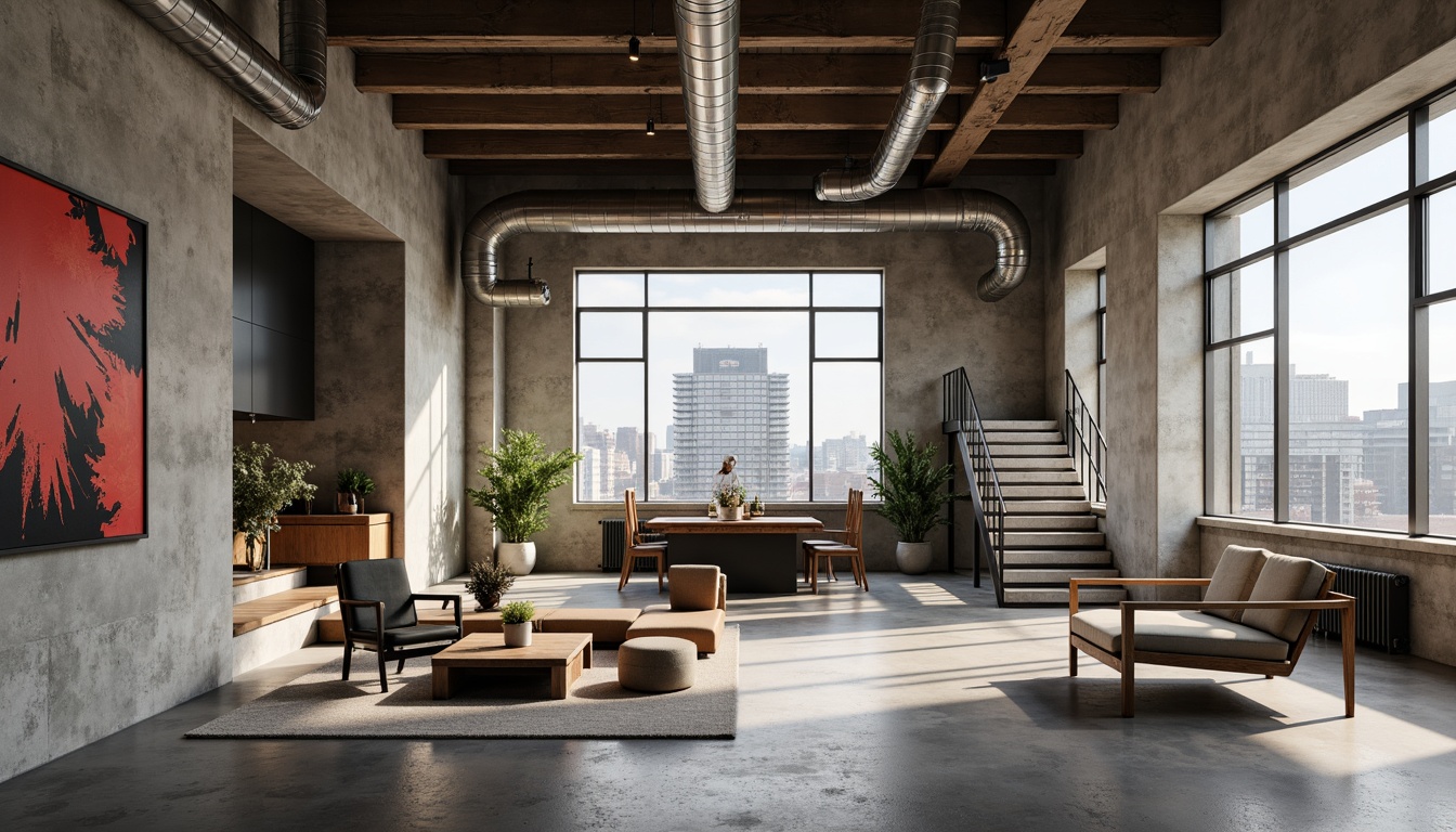 Prompt: Exposed ductwork, raw concrete walls, industrial metal beams, brutalist architecture, minimalist decor, functional furniture, urban loft atmosphere, reclaimed wood accents, steel staircase, industrial-style lighting, poured concrete floors, bold color schemes, geometric shapes, abstract art pieces, urban cityscape views, harsh natural light, dramatic shadows, low-angle photography, 1/1 composition, high-contrast rendering.