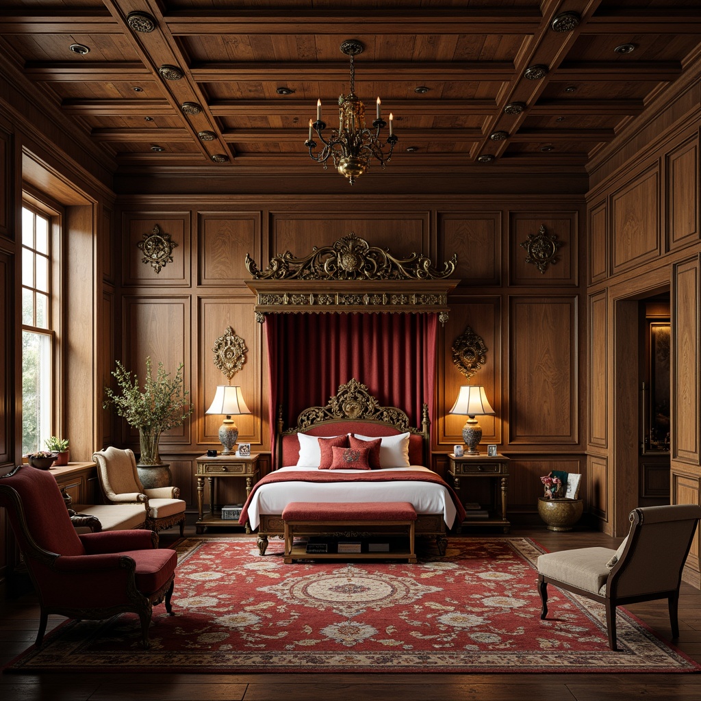 Prompt: Antique wooden furniture, intricately carved ornaments, plush velvet upholstery, richly patterned rugs, traditional Chinese motifs, ornate lanterns, majestic four-poster beds, luxurious silk fabrics, vintage bronze hardware, distressed wood finishes, warm golden lighting, cozy intimate spaces, atmospheric misty effects, 1/1 composition, realistic textures, ambient occlusion.