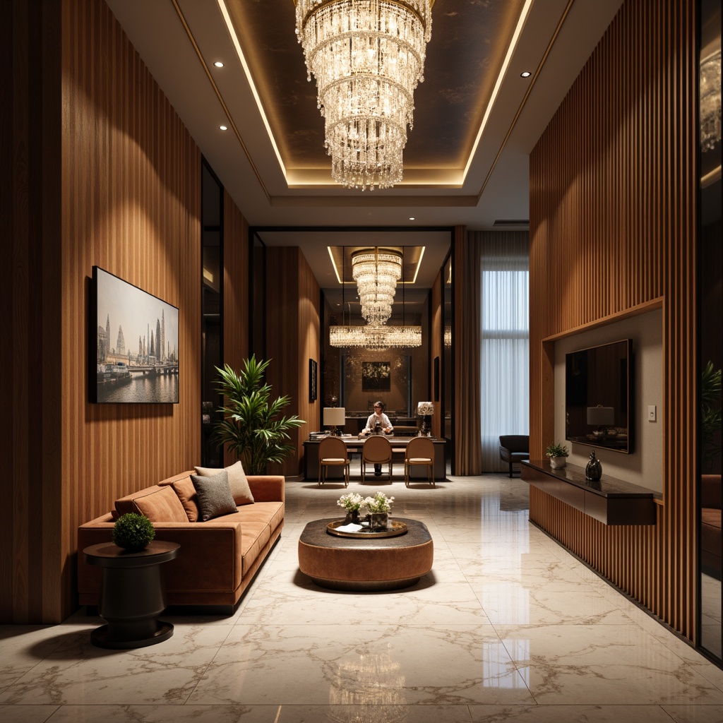 Prompt: Luxurious interior design, rich wood accents, polished marble floors, velvet upholstered furniture, metallic gold details, crystal chandeliers, soft warm lighting, shallow depth of field, 3/4 composition, realistic textures, ambient occlusion, high-end modern architecture, sleek lines, minimal ornamentation, neutral color palette, sophisticated atmosphere, elegant decor.