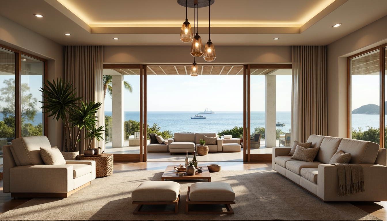 Prompt: Vibrant coastal villa, open-plan living room, floor-to-ceiling windows, sliding glass doors, beach-inspired decor, natural textiles, driftwood accents, nautical rope details, pendant lamps with glass shades, recessed lighting, LED strips under furniture, warm white lighting, soft ambient glow, 1/1 composition, high-key lighting, shallow depth of field, realistic reflections, ocean views, sunny day, sea breeze.