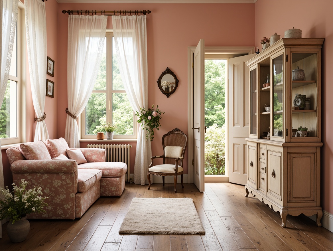 Prompt: Soft peach walls, distressed wood furniture, vintage floral patterns, lace curtains, rustic metal accents, pastel pink hues, creamy whites, weathered wooden floors, ornate gold frames, delicate china cabinets, romantic candlelight, warm beige tones, faded rose gardens, whimsical garden benches, dreamy misty atmosphere, soft focus, 1/1 composition, natural textures, ambient lighting.