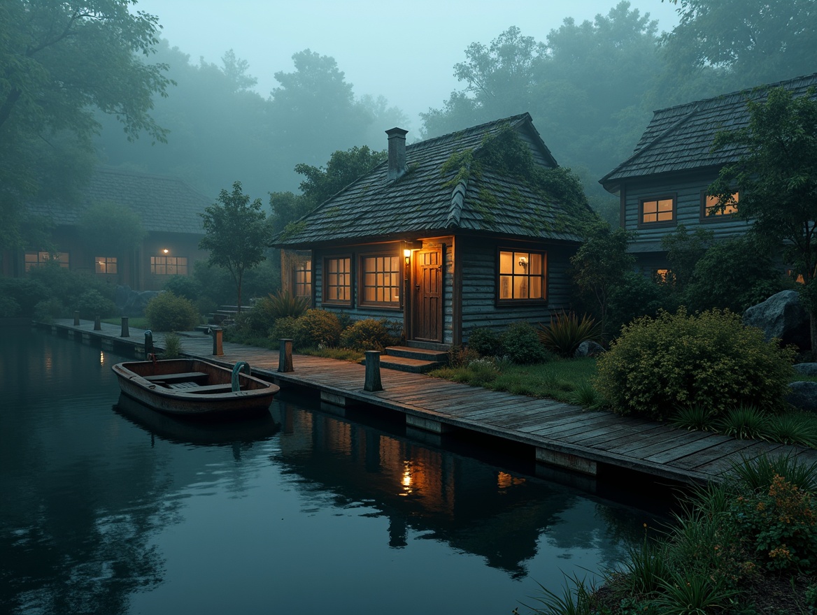 Prompt: Mysterious boathouse, eerie waterfront, foggy misty morning, old wooden dock, rusty metal accents, worn stone walls, overgrown ivy, moss-covered roofs, vintage nautical elements, distressed wood textures, rich dark blues, muted greens, weathered grays, warm golden lighting, dramatic shadows, 1/1 composition, atmospheric perspective, eerie ambient soundscapes.