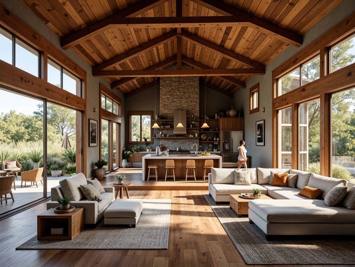 Prompt: Rustic farmhouse, open floor plan, wooden beams, reclaimed wood accents, natural stone walls, earthy color palette, vintage decor, cozy reading nooks, plush area rugs, large windows, sliding glass doors, panoramic views, abundant natural light, airy atmosphere, functional kitchen island, farmhouse sink, pendant lighting, modern appliances, built-in shelving, comfortable seating areas, nature-inspired textiles, organic patterns, soft warm lighting, shallow depth of field, 3/4 composition, realistic textures.