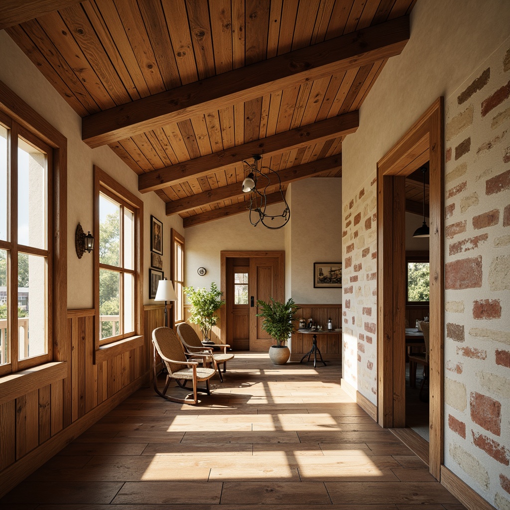 Prompt: Rustic wooden wainscoting, earthy tone plaster walls, natural stone accent walls, exposed brickwork, distressed wood paneling, vintage decorative trims, richly stained wood ceilings, warm beige paint colors, soft warm lighting, shallow depth of field, 3/4 composition, panoramic view, realistic textures, ambient occlusion.