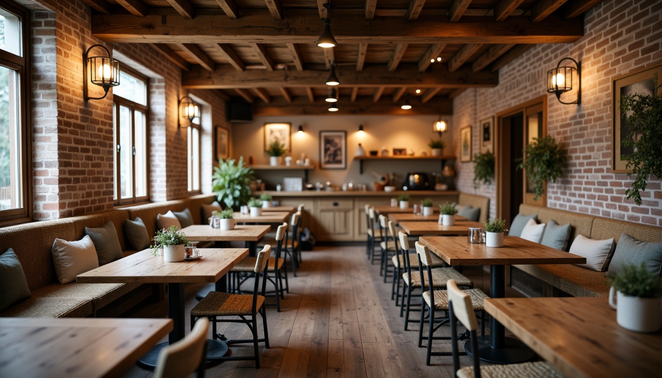 Prompt: Rustic farmhouse-style restaurant, vintage wooden tables, distressed metal chairs, woven wicker benches, natural linen upholstery, earthy tone color palette, reclaimed wood accents, pendant lantern lighting, exposed brick walls, wooden ceiling beams, country-chic decor, cozy ambiance, warm candlelight, soft focus photography, 1/2 composition, shallow depth of field, natural textures, ambient occlusion.