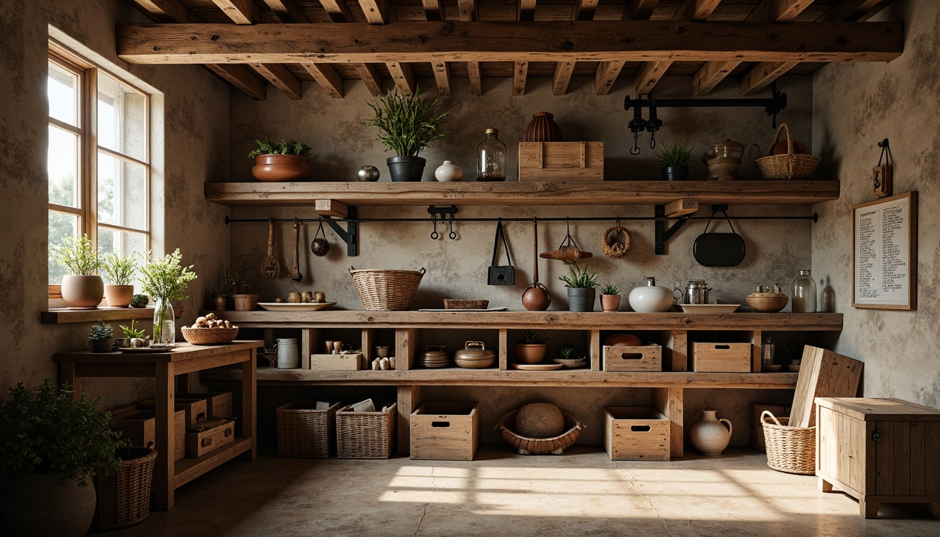 Prompt: Rustic storage room, distressed wood shelving, vintage metal brackets, wooden crates, woven baskets, natural stone walls, earthy color palette, warm lighting, cozy atmosphere, farmhouse decor, antique farm tools, galvanized steel accents, reclaimed wood planks, open shelving, industrial-chic hardware, soft focus, shallow depth of field, 1/2 composition, realistic textures, ambient occlusion.