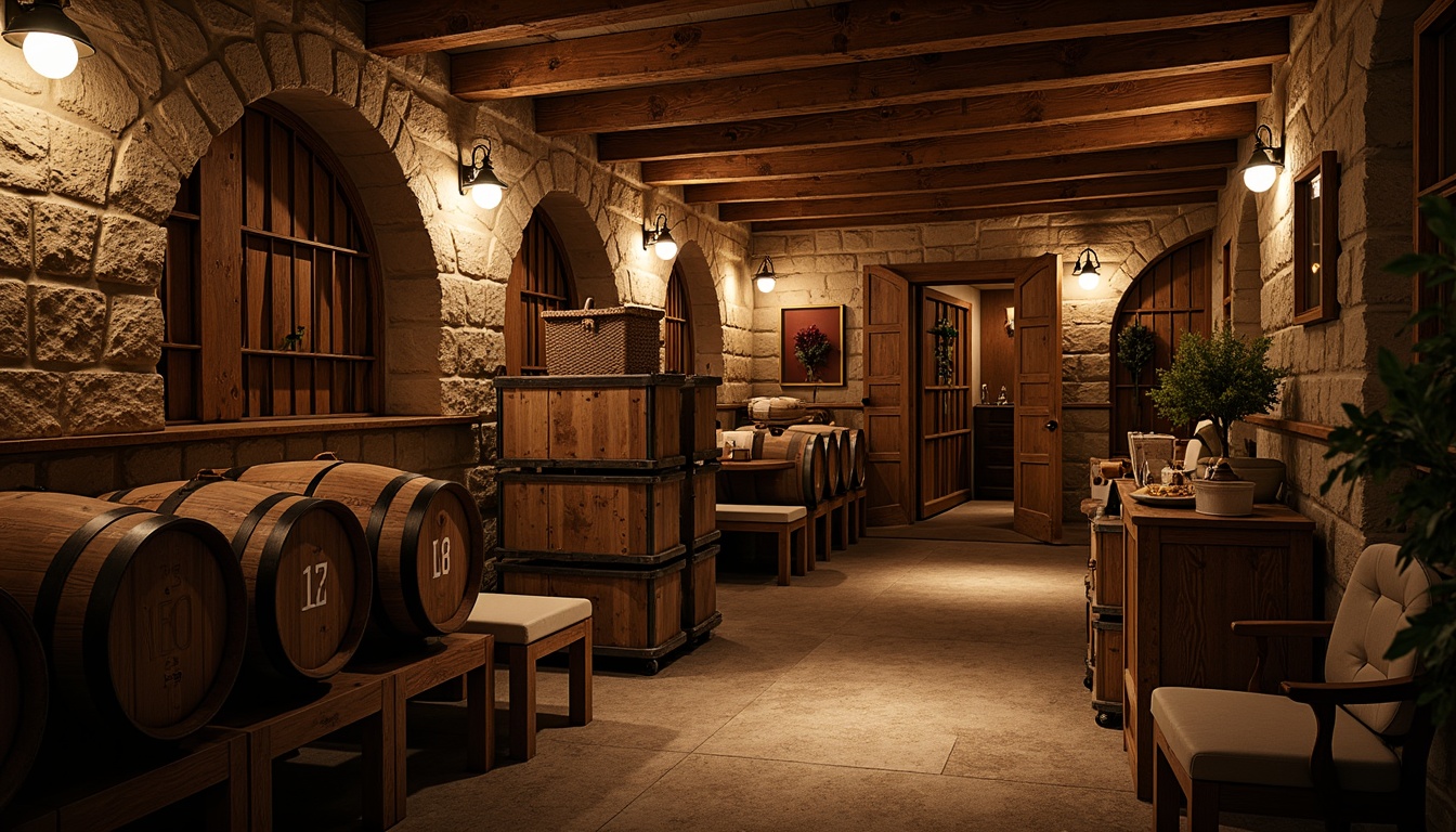 Prompt: Rustic wine cellar, earthy tones, wooden accents, stone walls, dim warm lighting, soft glowing lanterns, rich wood grains, metalwork details, vintage wine barrels, ornate ironwork, arched doorways, wooden crates, ambient shadows, low-key illumination, dramatic spotlights, warm color palette, cozy atmosphere, natural textures, realistic reflections, high dynamic range, 1/2 composition, cinematic mood.