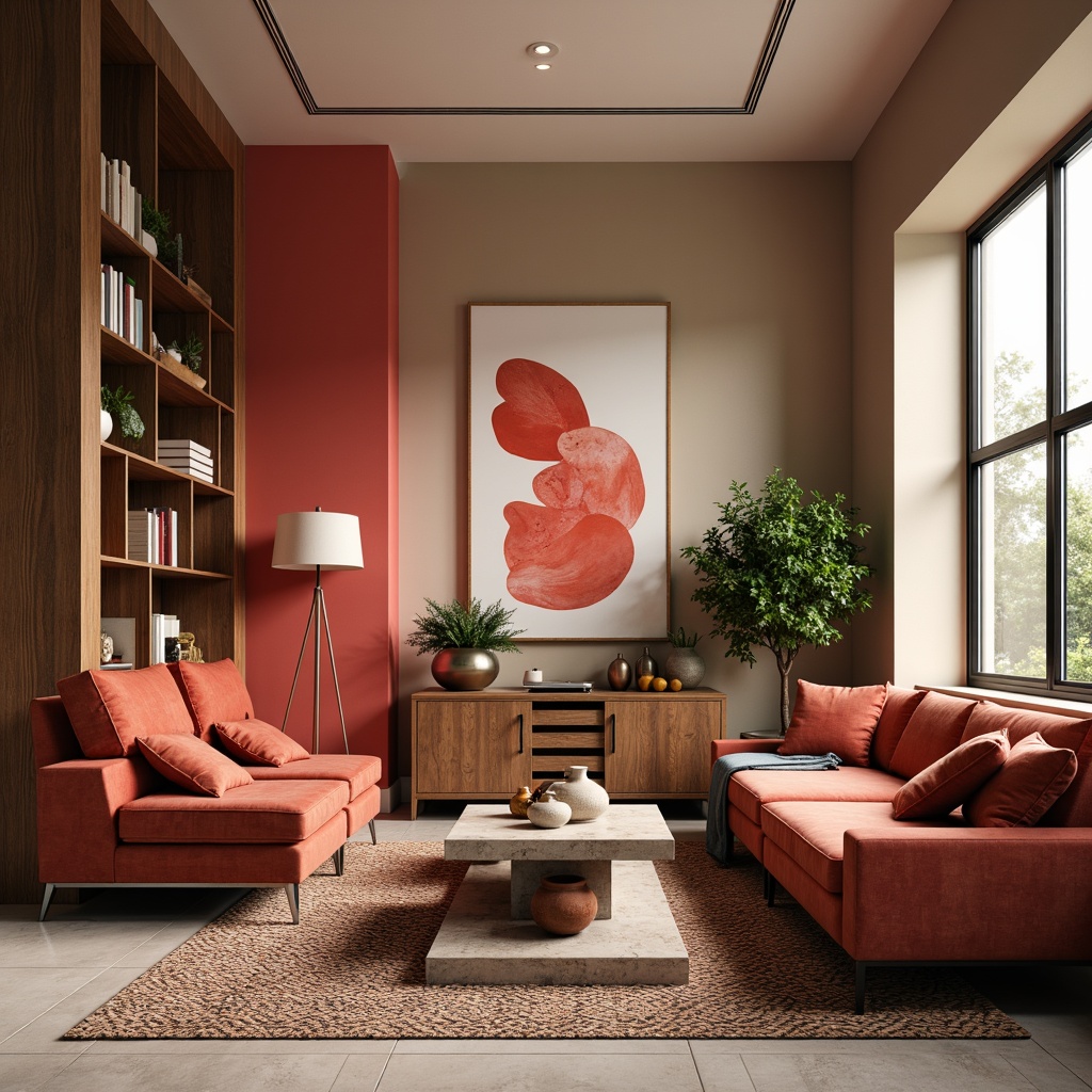 Prompt: Vibrant living room, bold accent walls, rich wood furniture, plush velvet sofas, abstract art pieces, statement lighting fixtures, geometric patterned rugs, metallic decorative accents, earthy terracotta vases, lush green potted plants, natural stone coffee tables, sleek minimalist shelves, warm beige backgrounds, pops of bright coral, soft creamy whites, dramatic black outlines, atmospheric warm glow, 1/1 composition, realistic textures, ambient occlusion.