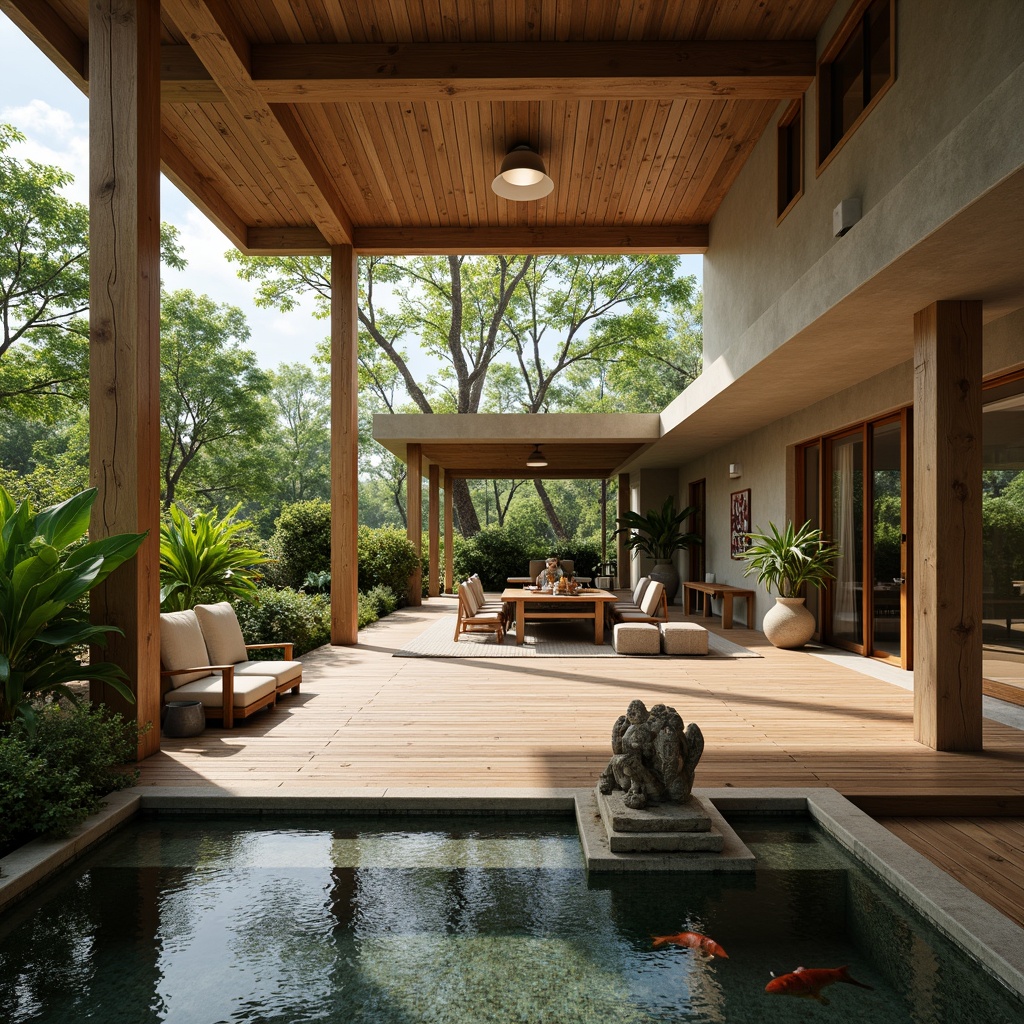 Prompt: Spacious villa, open floor plan, high ceilings, natural wood accents, Asian-inspired furnishings, sliding glass doors, lush greenery, tropical plants, Buddha statues, serene water features, koi pond, wooden decks, outdoor seating areas, minimalist decor, subtle lighting, warm neutral tones, earthy textures, organic forms, natural stone walls, bamboo flooring, Japanese-style tatami mats, tranquil ambiance, soft diffused light, 1/2 composition, atmospheric perspective.