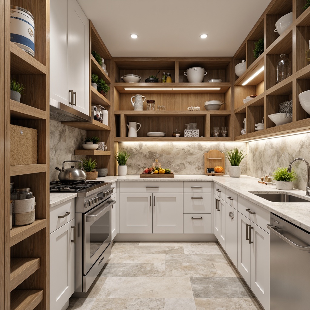 Prompt: Modern pantry, sleek cabinetry, minimalist design, handle-free doors, soft-close drawers, matte white finish, warm LED lighting, rich wood accents, marble countertops, stainless steel appliances, polished chrome hardware, geometric patterns, recessed shelves, adjustable storage, pull-out trash cans, spice racks, kitchen utensil organizers, floor-to-ceiling storage, wall-mounted pot racks, pendant lights, natural stone flooring, 3/4 composition, shallow depth of field, realistic textures.