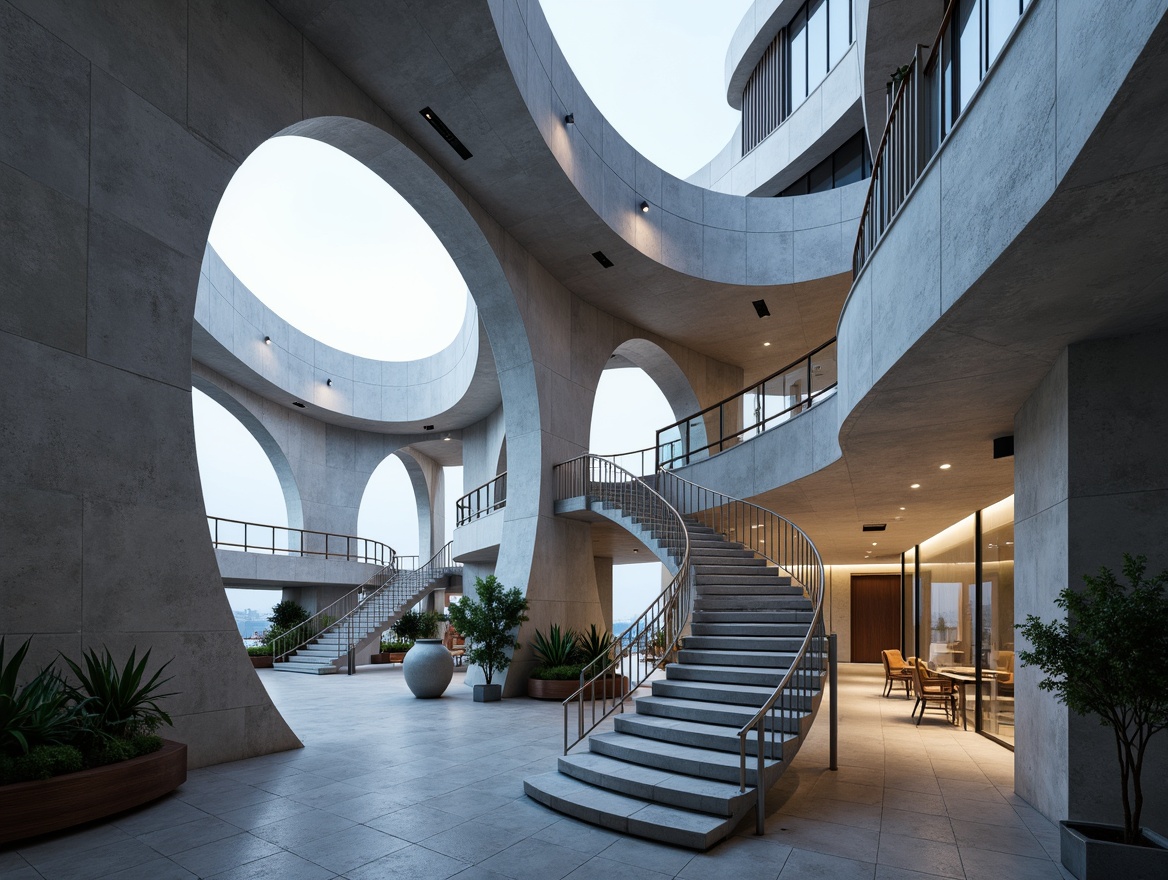 Prompt: Sweeping arches, fluid curves, undulating facades, sinuous balconies, spiral staircases, rounded columns, elliptical domes, smooth metallic surfaces, polished chrome accents, minimalist ornamentation, futuristic aesthetic, luxurious materials, ambient lighting, shallow depth of field, 1/2 composition, panoramic view, realistic reflections, subtle shading.