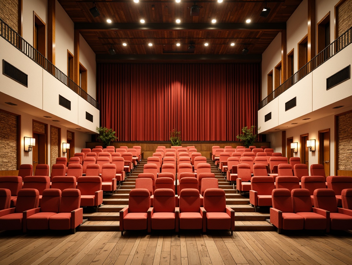 Prompt: Vibrant Nordic theater interior, rich wood accents, natural textiles, bold color palette, geometric patterns, cozy ambient lighting, plush velvet seats, minimalist stage design, modern Scandinavian architecture, wooden floorboards, cream-colored walls, eclectic decorative elements, warm candlelight, shallow depth of field, 1/1 composition, realistic textures, soft focus blur.