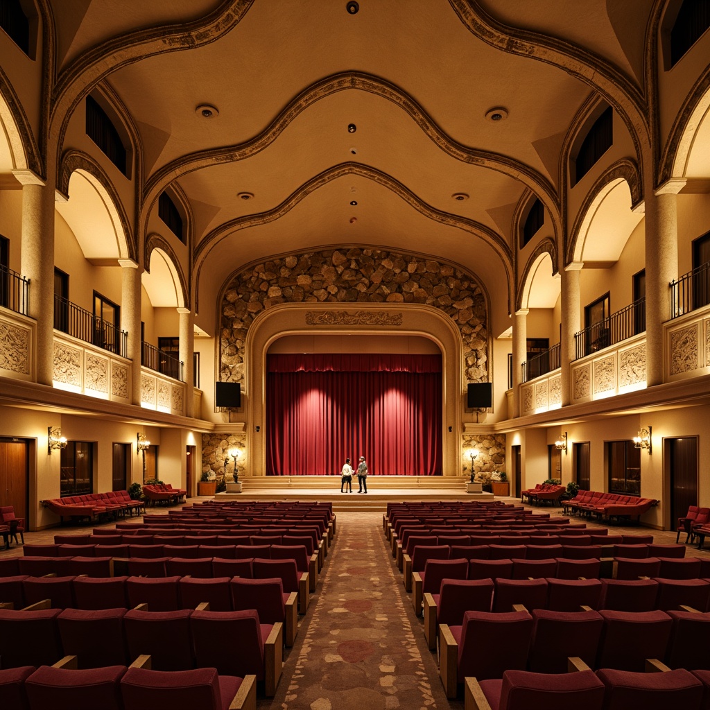 Prompt: Elegant auditorium, Mediterranean style architecture, curved lines, ornate decorations, warm beige walls, rich wooden floors, soft golden lighting, plush velvet seats, intricate acoustic panels, sound-absorbing materials, subtle arches, ornamental columns, grand chandeliers, lavish drapes, intimate stage setting, natural stone accents, ambient reverberation, 3-point lighting, shallow depth of field, realistic textures, warm color palette.