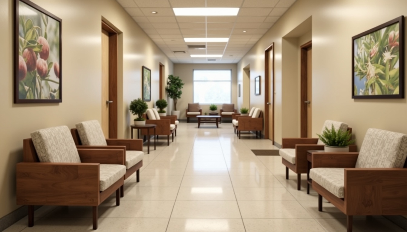 Prompt: Calming hospital corridors, soft beige walls, comfortable waiting areas, soothing ambient lighting, warm wooden furniture, cushioned chairs, gentle curves, ergonomic design, accessible seating, sturdy metal frames, durable vinyl upholstery, subtle patterned fabrics, calming nature-inspired artwork, serene plant arrangements, quiet reading nooks, peaceful atmosphere, shallow depth of field, 1/1 composition, realistic textures.