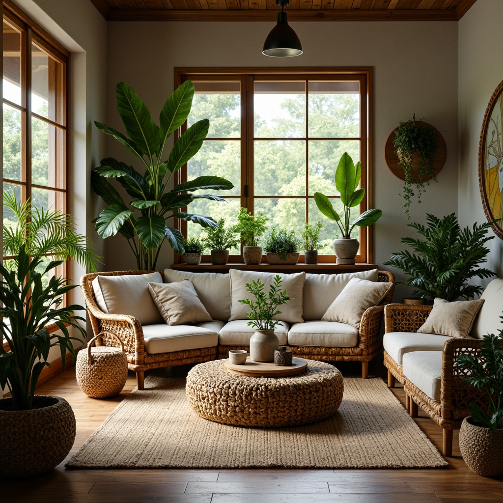 Prompt: Cozy living room, lush greenery, potted plants, natural textures, wicker furniture, earthy colors, soft warm lighting, wooden accents, minimalist decor, organic shapes, serene ambiance, air-purifying plants, vibrant flowers, leafy greens, tranquil atmosphere, nature-inspired artwork, rustic pottery, woven baskets, comfortable seating, inviting corners, peaceful retreat.