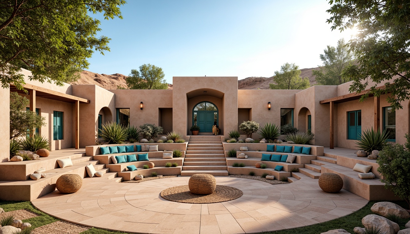 Prompt: Southwestern amphitheater, tiered seating, rustic wooden benches, earthy tone stone walls, vibrant turquoise accents, geometric patterned textiles, woven wicker furniture, natural fiber rugs, desert flora surroundings, sandy dunes backdrop, clear blue sky, warm sunny day, soft diffused lighting, 1/1 composition, symmetrical framing, realistic textures, ambient occlusion.