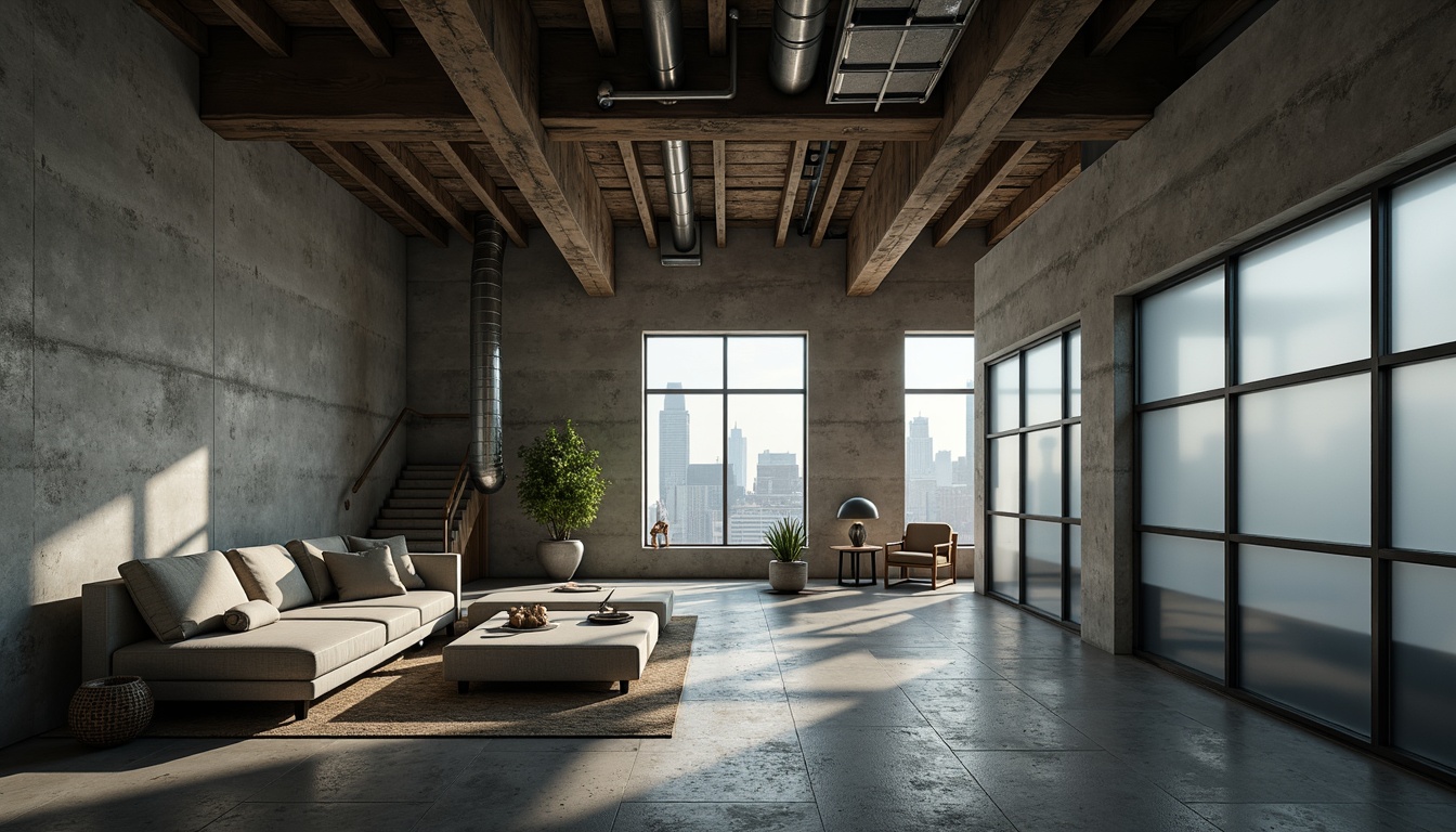 Prompt: Raw concrete walls, rugged stone floors, industrial metal beams, exposed ductwork, minimalist decor, brutalist architectural style, dramatic natural light, translucent glass partitions, frosted acrylic surfaces, subtle gradient effects, moody ambient lighting, atmospheric shadows, cinematic composition, 2.35