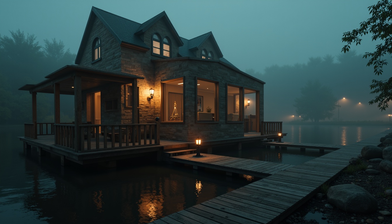 Prompt: Mysterious boathouse, eerie fog, dim warm lighting, wooden docks, vintage nautical elements, Gothic arches, pointed windows, stone walls, mystical lanterns, soft misty atmosphere, warm golden tones, subtle shadows, dramatic high contrast, low-key lighting, 1/1 composition, realistic textures, ambient occlusion, mysterious reflections on water.