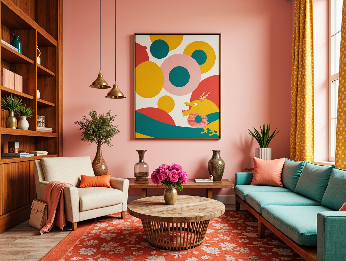 Prompt: Vibrant colorful accents, playful polka dots, bold geometric shapes, whimsical illustrations, bright citrus hues, pastel pink tones, soft peach textures, natural wood grains, eclectic bohemian patterns, ornate metallic details, luxurious velvet fabrics, rich jewel-toned glassware, delicate ceramic vases, warm ambient lighting, shallow depth of field, 1/1 composition, realistic reflections.