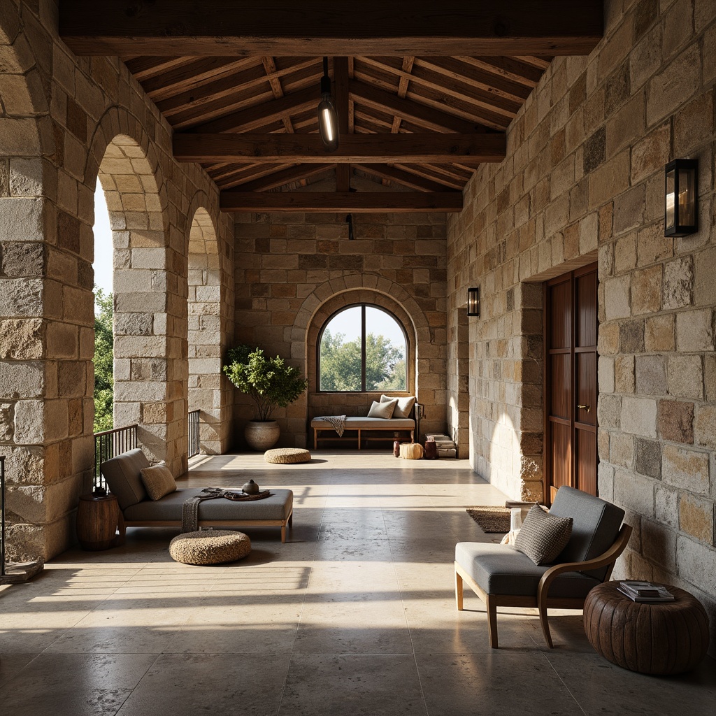 Prompt: Rustic stone walls, earthy tones, natural rock formations, wooden accents, reclaimed wood beams, distressed finishes, industrial metal cladding, exposed ductwork, concrete floors, rough-hewn stone columns, arched windows, minimalist decor, warm ambient lighting, shallow depth of field, 2/3 composition, cinematic view, realistic textures, subtle normal mapping.