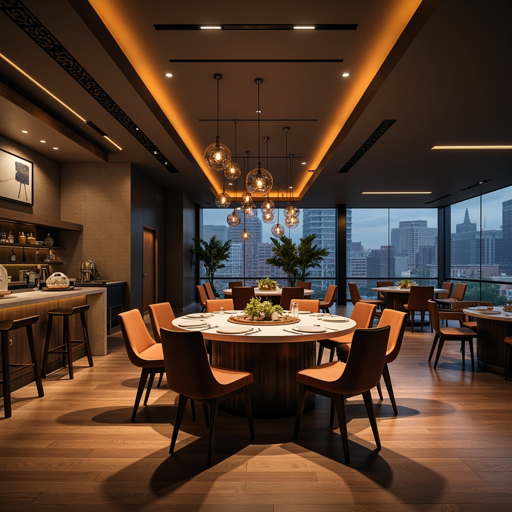 Prompt: Modern dining room, sleek furniture, polished wood floors, elegant chandeliers, pendant lights, recessed lighting, warm ambient glow, soft diffused illumination, subtle shadows, dramatic spotlighting, LED strip lights, futuristic ceiling fixtures, luxurious textiles, marble countertops, sophisticated color schemes, minimalist decor, intimate atmosphere, evening ambiance, cozy warmth, 1/1 composition, shallow depth of field, realistic renderings.