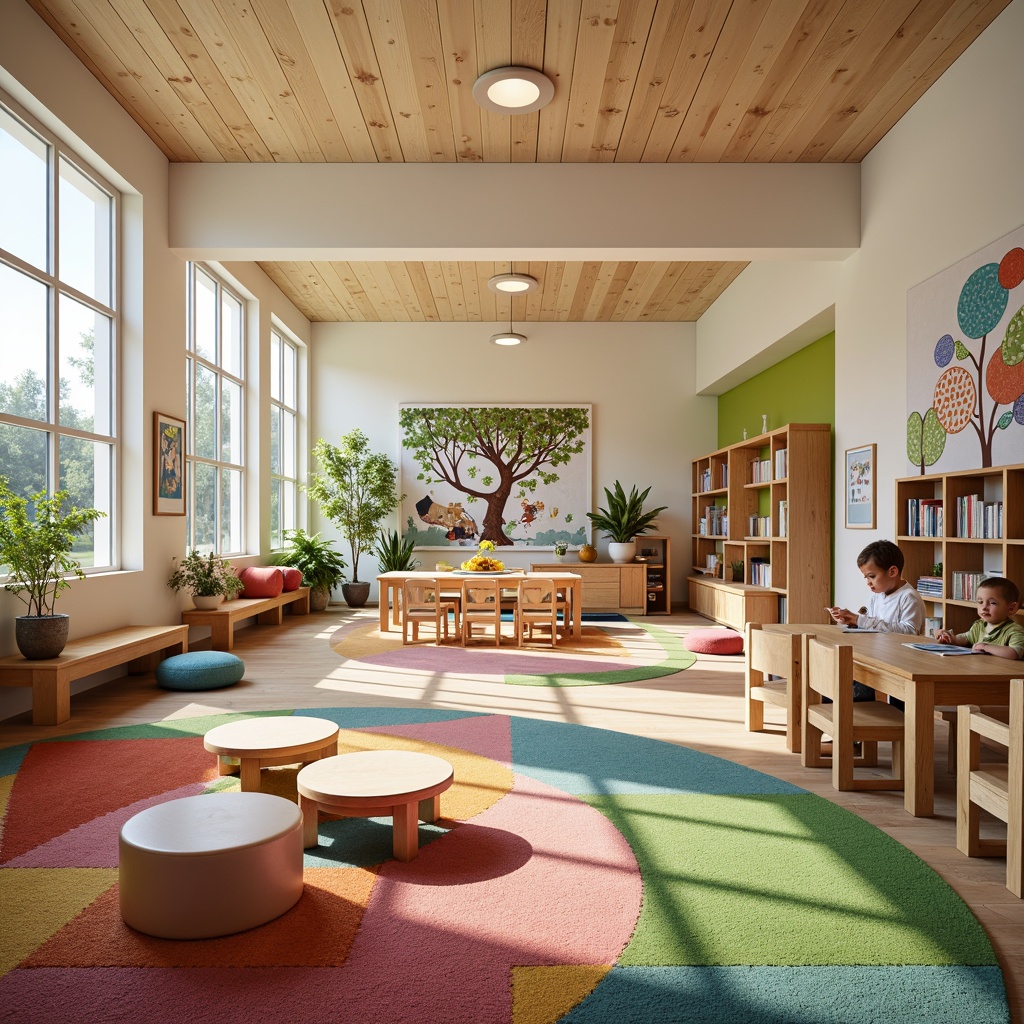 Prompt: Vibrant kindergarten interior, playful textile patterns, colorful rug designs, soft cushioned furniture, cozy reading nooks, wooden tables and chairs, educational wall murals, interactive play areas, sensory stimulation zones, natural light pouring in, warm atmosphere, gentle color palette, rounded shapes, child-friendly materials, safe and durable textiles, stimulating visual displays, engaging activity centers, collaborative learning spaces.