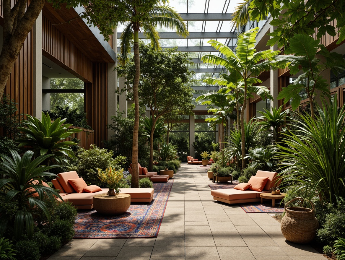 Prompt: Exotic indoor garden, lush greenery, vibrant tropical flowers, palm trees, bamboo accents, natural stone floors, wooden planters, rattan furniture, colorful textiles, intricate patterns, warm ambient lighting, soft misting systems, 1/2 composition, shallow depth of field, realistic textures, ambient occlusion.