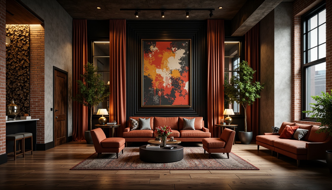 Prompt: Luxurious loft interior, Art Deco style, textured walls, metallic accents, ornate mirrors, lavish furnishings, rich wood tones, velvet drapes, bold geometric patterns, abstract artwork, industrial-chic lighting, exposed brick, distressed wooden floors, eclectic decorative accessories, vintage-inspired fixtures, moody atmospheric colors, high-contrast lighting, dramatic shadows, cinematic composition.