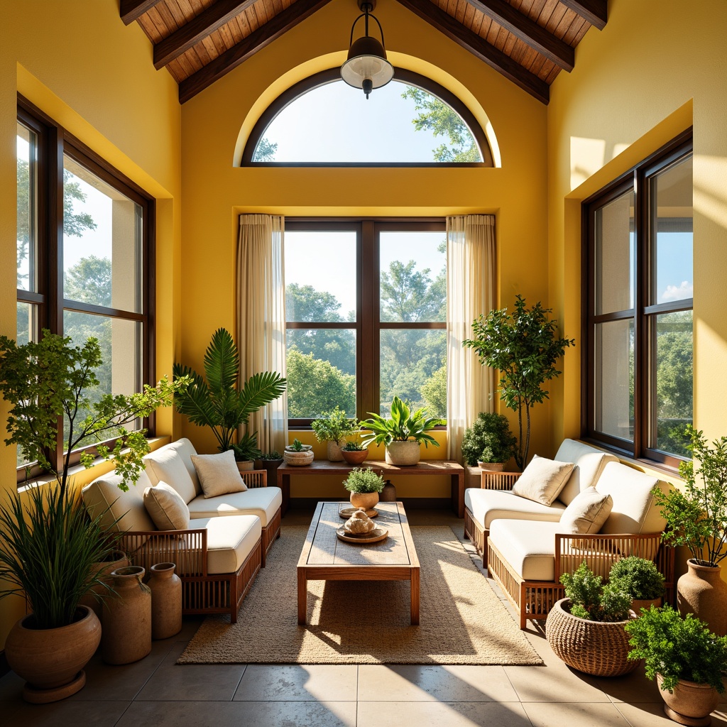 Prompt: Vibrant sunroom, warm natural light, bright yellow walls, soft cream furniture, lush greenery, blooming flowers, wooden accents, rattan textiles, earthy terracotta pots, calming blue hues, serene ambiance, cozy reading nooks, plush throw pillows, sheer curtains, minimal ornamentation, airy atmosphere, abundant plants, refreshing misting system, warm golden lighting, 1/1 composition, soft focus, natural textures, ambient occlusion.