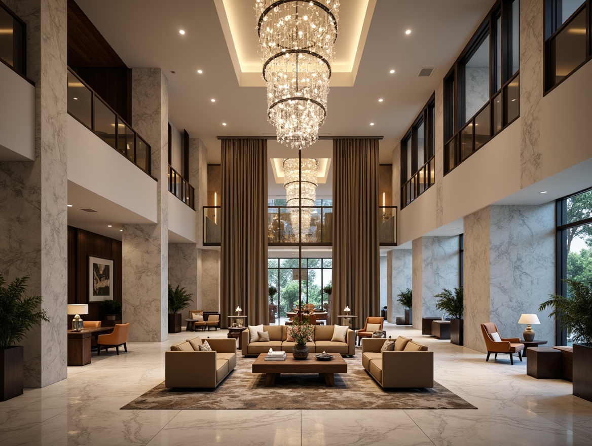 Prompt: Luxurious hotel lobby, high ceilings, marble floors, elegant chandeliers, plush sofas, velvet armchairs, wooden coffee tables, metallic accents, natural stone walls, floor-to-ceiling windows, soft warm lighting, 1/1 composition, realistic textures, ambient occlusion, rich fabrics, subtle patterns, neutral color palette, comfortable seating areas, modern minimalist design, sophisticated furnishings, sleek lines, upscale ambiance.