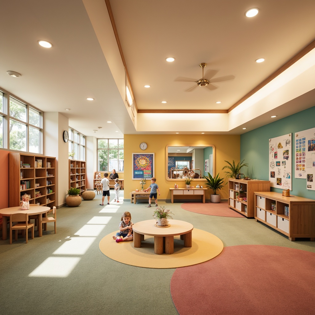 Prompt: Vibrant kindergarten interior, soft warm lighting, pastel color palette, playful wall decorations, educational displays, interactive exhibits, cozy reading nooks, circular tables, tiny chairs, natural wood accents, gentle ceiling fixtures, LED strip lights, floor lamps, softbox lights, diffused indirect lighting, 1/1 composition, shallow depth of field, realistic textures, ambient occlusion.