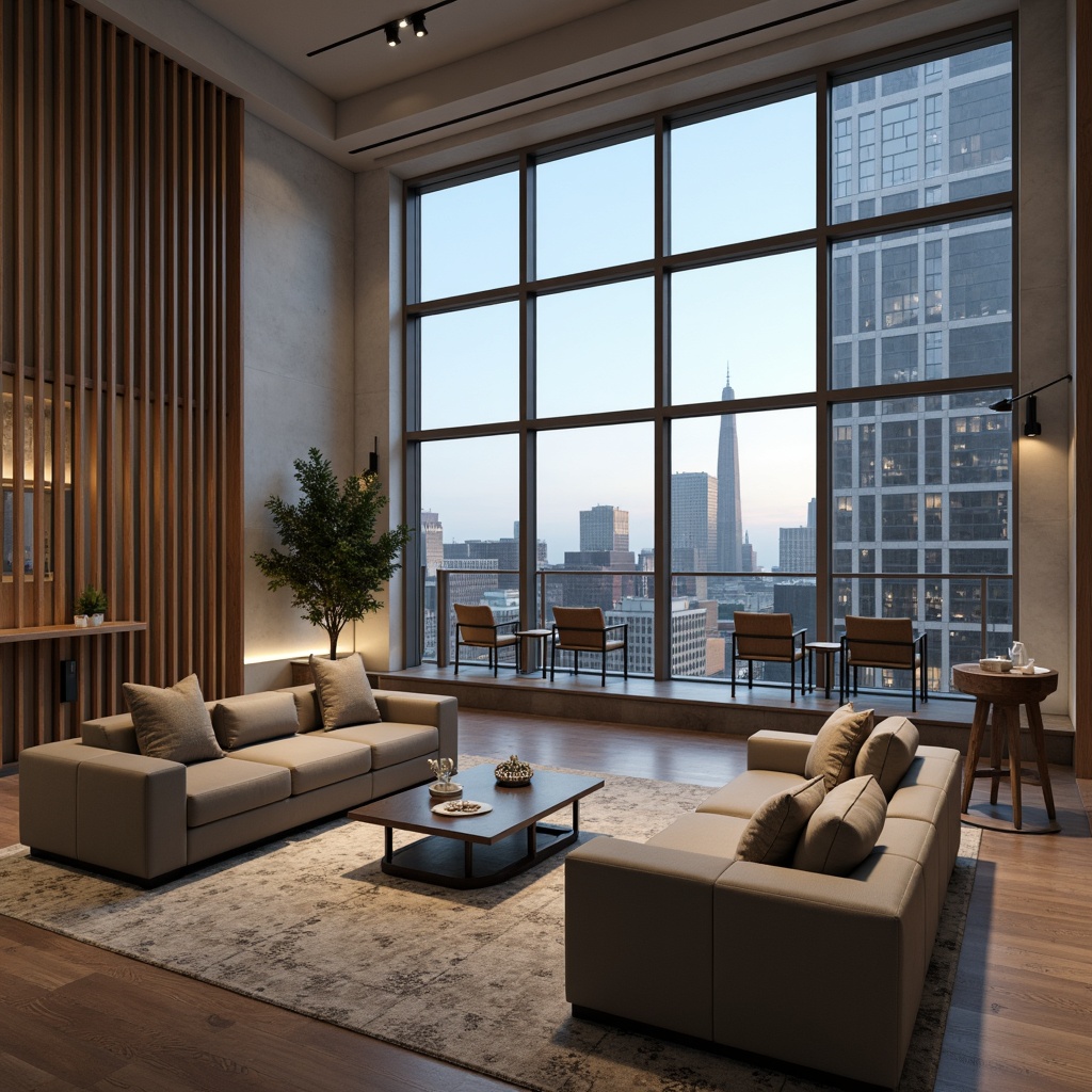 Prompt: Minimalist hotel lobby, sleek modern sofas, low-profile coffee tables, industrial-chic metal chairs, reclaimed wood accents, monochromatic color scheme, natural textiles, ambient lighting, floor-to-ceiling windows, urban cityscape views, 1/1 composition, shallow depth of field, realistic reflections, subtle gradient maps.