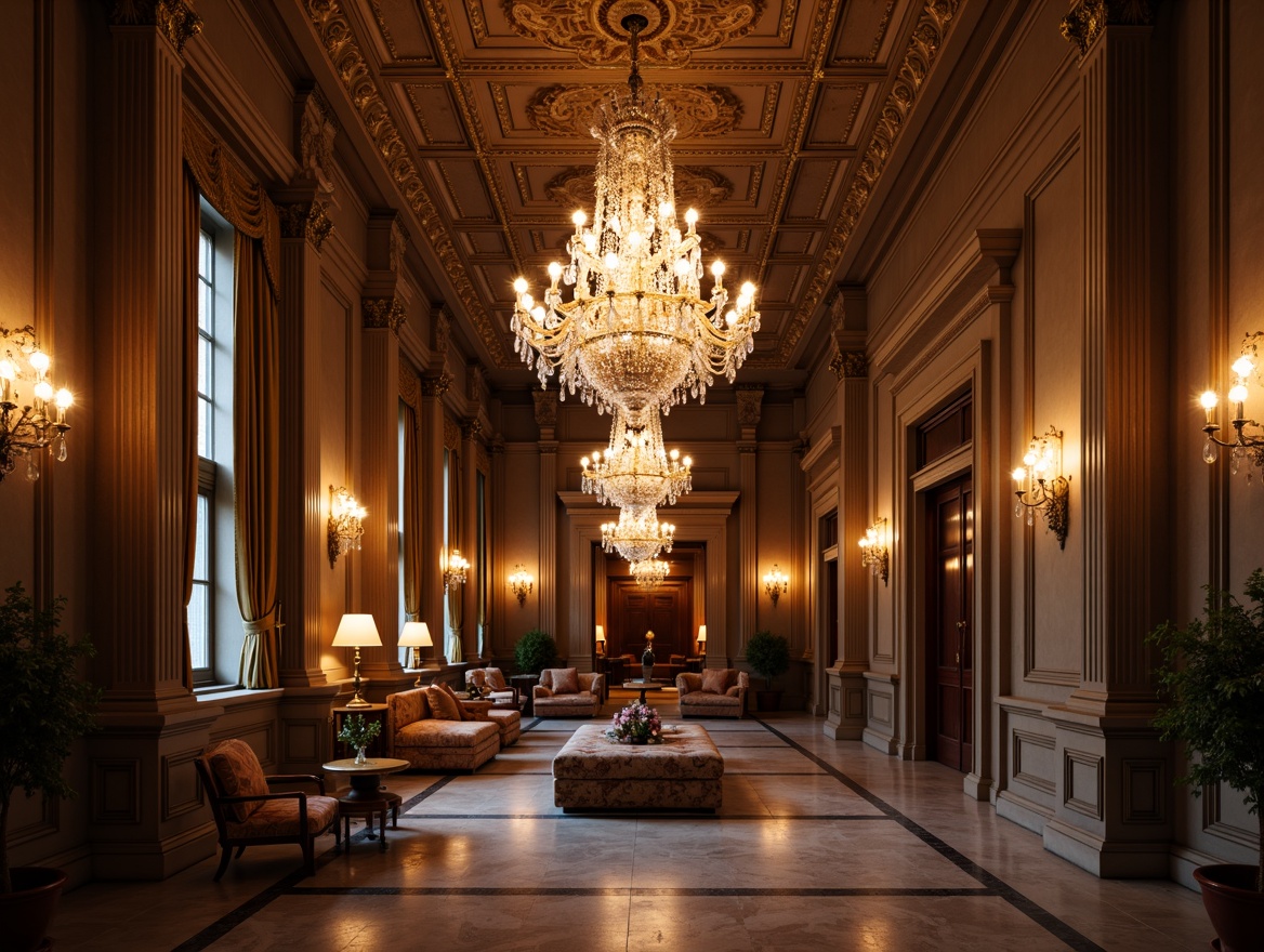 Prompt: Elegant chandeliers, ornate sconces, crystal droplets, refined metalwork, subtle warm glow, soft ambient lighting, classic columnar architecture, intricate moldings, rich wood paneling, luxurious fabrics, velvet drapes, marble floors, stately furniture, sophisticated color palette, high ceilings, symmetrical composition, 1/2 camera angle, shallow depth of field, warm golden hour lighting.