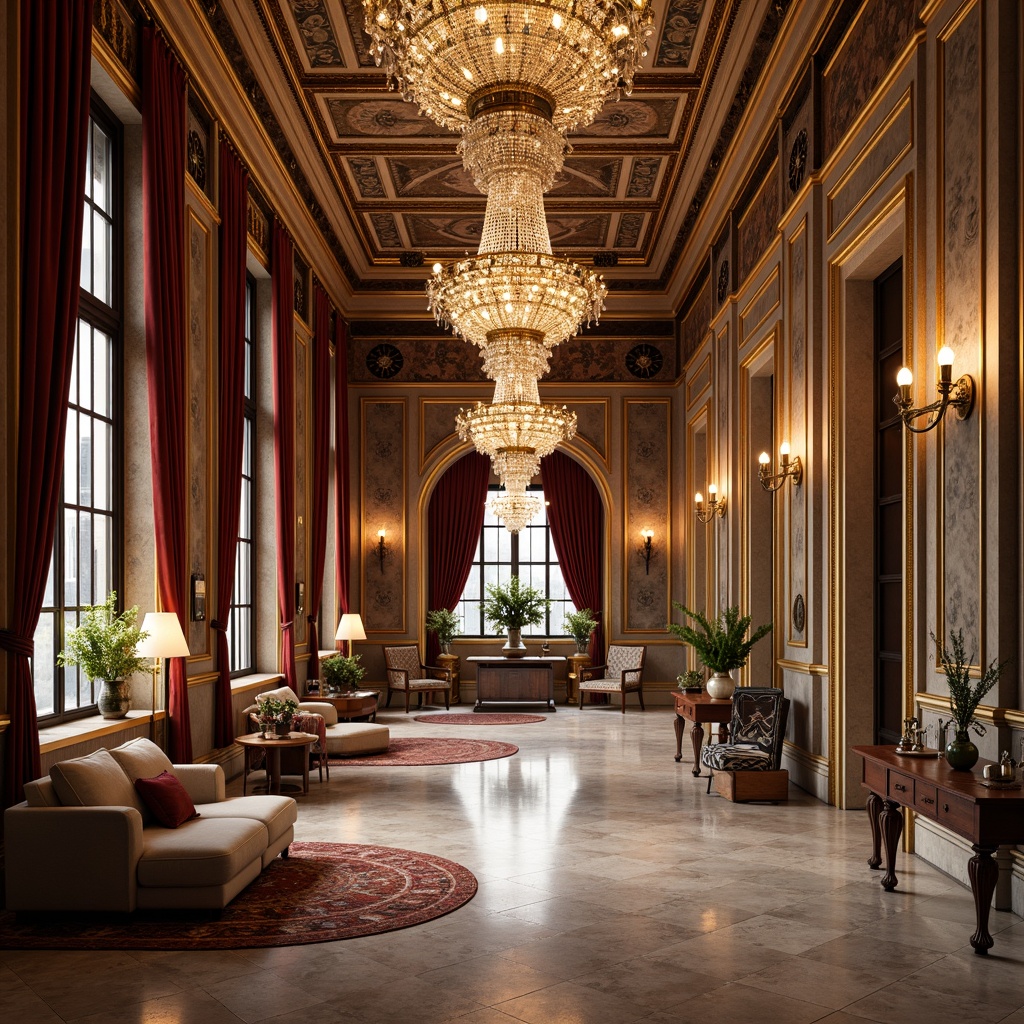 Prompt: Ornate interior space, luxurious furnishings, intricate patterns, ornamental ceilings, lavish chandeliers, statement walls, velvet drapes, golden accents, marble floors, crystal fixtures, elegant archways, majestic columns, symmetrical layout, 1/1 composition, soft warm lighting, shallow depth of field, realistic textures, ambient occlusion.