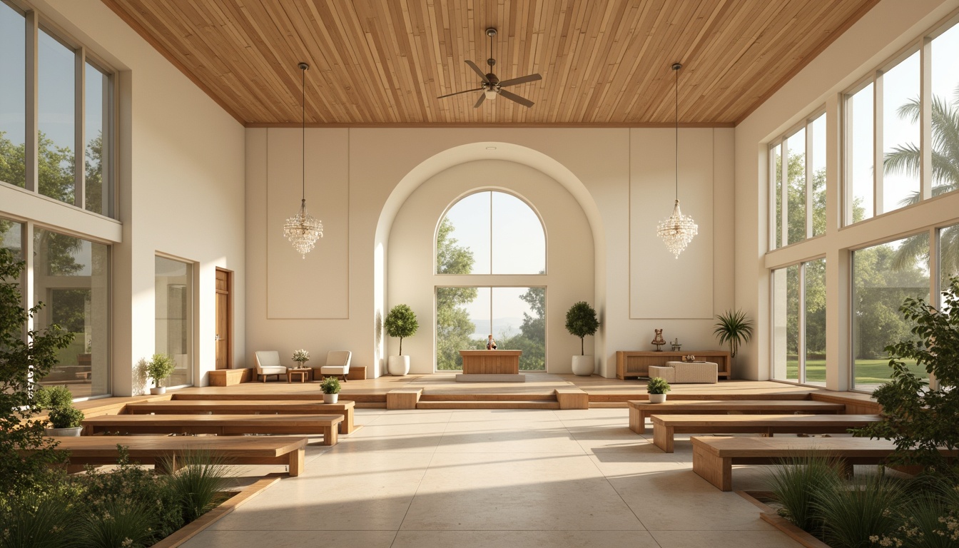 Prompt: Minimalist worship hall, cream-colored walls, polished wooden floors, subtle stained glass windows, elegant chandeliers, simplistic altar design, soft warm lighting, tranquil atmosphere, natural stone accents, calming water features, serene outdoor gardens, lush greenery, peaceful ambiance, gentle color palette, understated decorative elements, classic architectural lines, symmetrical composition, 1/1 aspect ratio, soft focus blur, realistic textures.