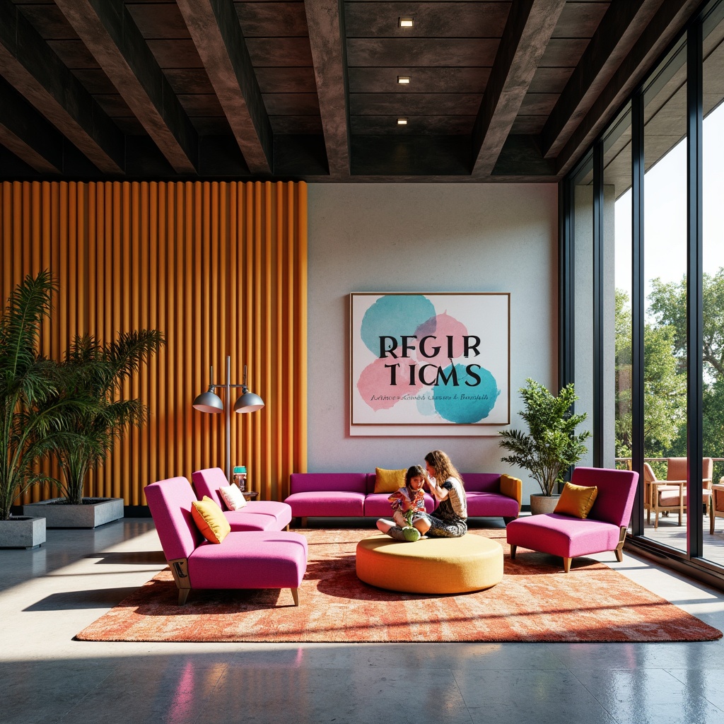 Prompt: Vibrant design studio, eclectic color palette, bold typography, contrasting hues, pastel accents, metallic finishes, rich textures, modern architecture, floor-to-ceiling windows, sleek lines, minimalist decor, warm ambient lighting, 1/1 composition, shallow depth of field, realistic reflections.