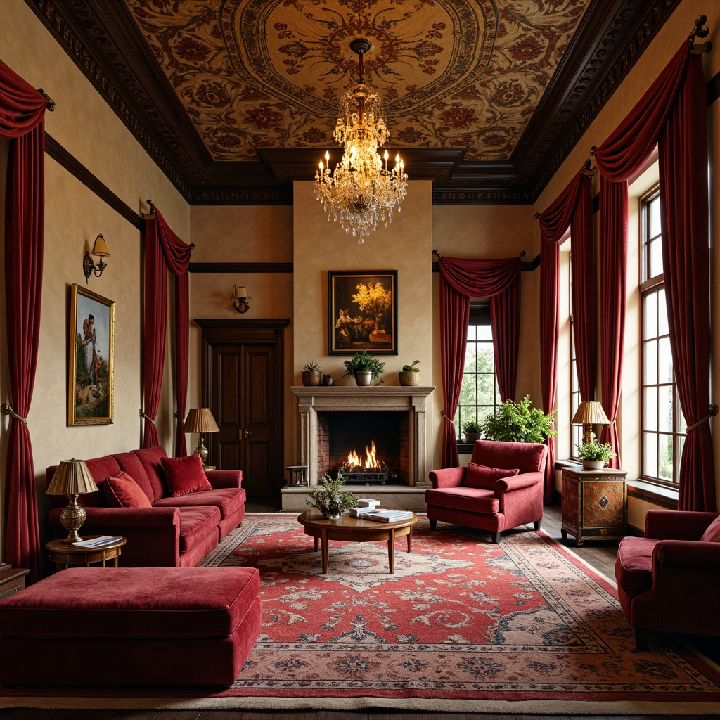 Prompt: Rich velvet fabrics, ornate wooden furniture, luxurious silk drapes, intricate Oriental rugs, golden metallic accents, elegant crystal chandeliers, warm beige walls, traditional English manor, rustic stone fireplace, comfortable plush sofas, vintage antique pieces, soft warm lighting, shallow depth of field, 3/4 composition, realistic textures, ambient occlusion.