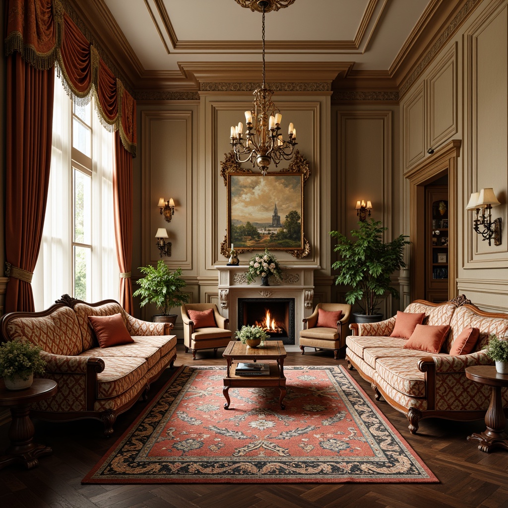 Prompt: Richly patterned traditional furniture, ornate wooden carvings, luxurious velvet fabrics, intricate embroidery, golden accents, lavish drapery, plush area rugs, statement wallpaper, opulent chandeliers, classic architectural details, warm beige tones, soft natural light, 1/2 composition, intimate atmosphere, realistic textures, subtle shading.