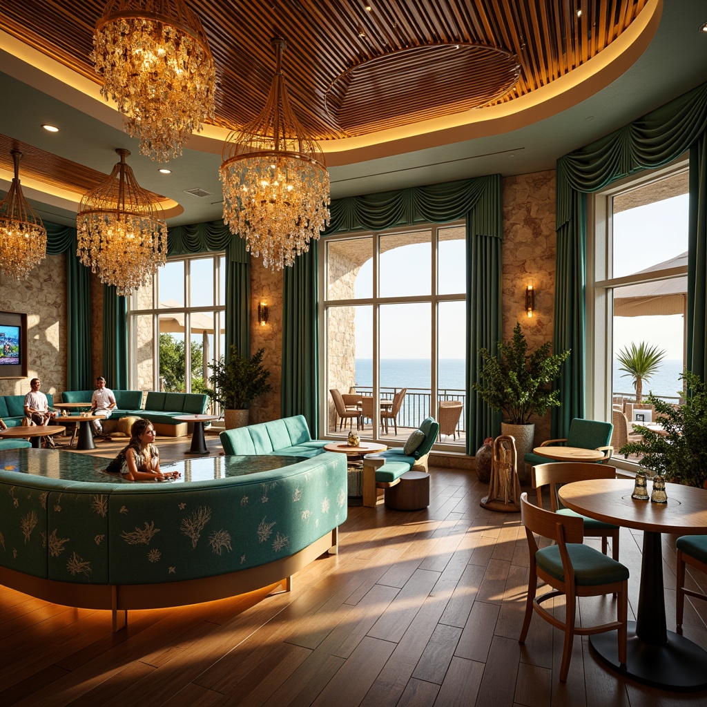 Prompt: Vibrant casino interior, coastal style decor, warm golden lighting, ambient LED strips, modern chandeliers, crystal droplets, metallic accents, natural stone walls, wooden flooring, ocean-inspired color palette, turquoise hues, coral patterns, wave-motif textiles, beachy vibe, soft glow illumination, 1/1 composition, shallow depth of field, realistic reflections, warm sunny day, soft focus effect.