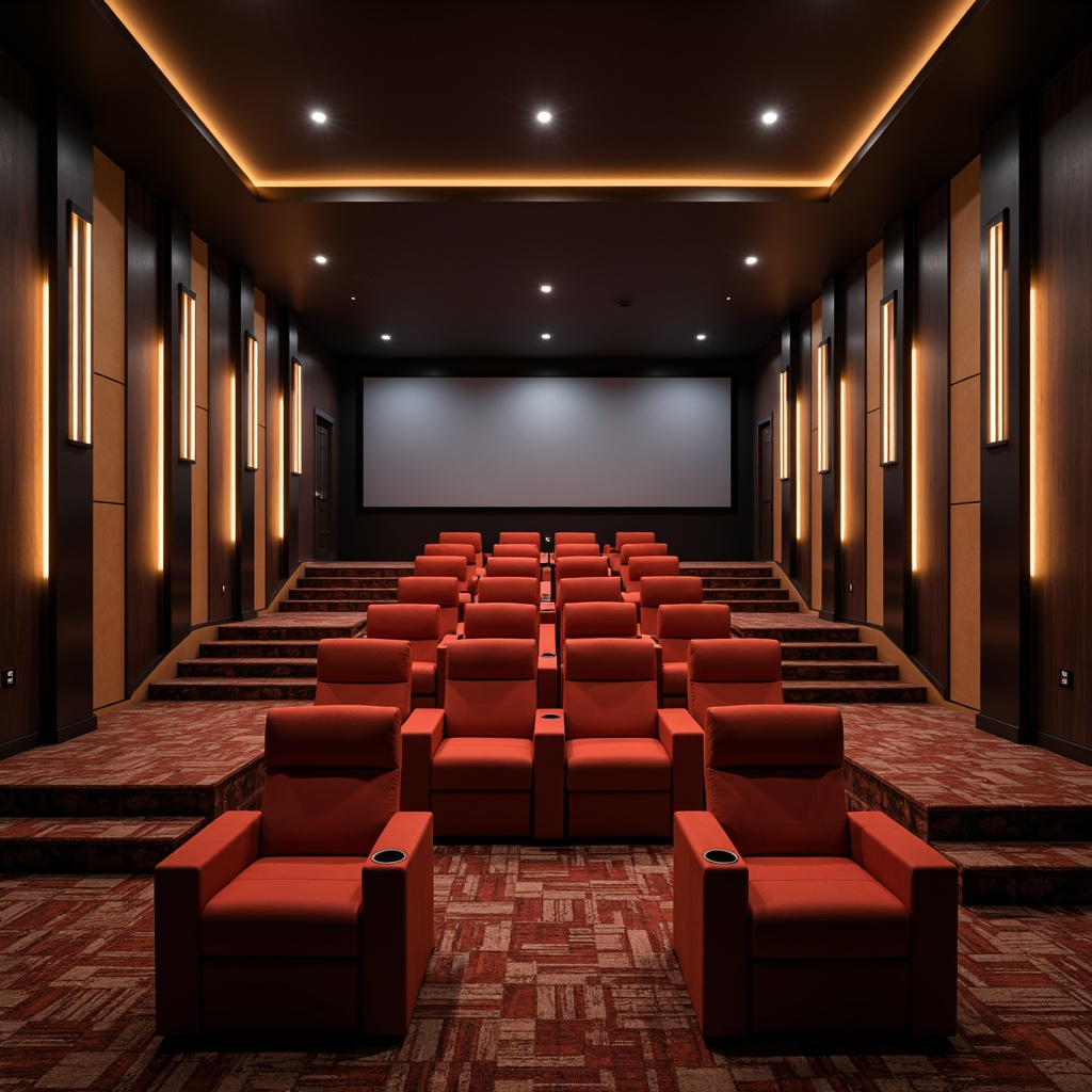 Prompt: Luxurious cinema interior, modern minimalist aesthetic, sleek lines, polished chrome accents, plush velvet seats, reclining mechanisms, adjustable armrests, cup holder compartments, soft ambient lighting, warm color tones, rich wood paneling, soundproof acoustic walls, state-of-the-art projection technology, massive screens, immersive audio systems, comfortable legroom, ergonomic design, premium materials, sophisticated ambiance, dramatic ceiling heights, stylish floor lamps, atmospheric fog effects, cinematic color grading, 3/4 composition, shallow depth of field.