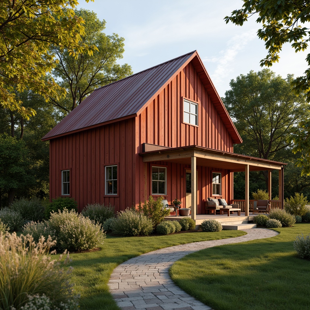 Prompt: Warm farmhouse exterior, rustic wooden facade, earthy red and golden brown color scheme, vintage metal roof, lush greenery, blooming wildflowers, winding stone pathways, cozy porch swing, natural fiber textiles, soft warm lighting, shallow depth of field, 3/4 composition, realistic textures, ambient occlusion.Let me know if you'd like me to generate another one!