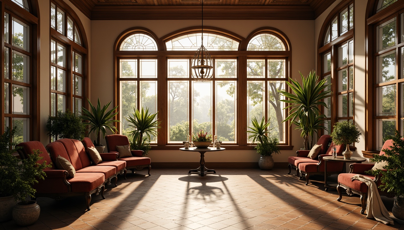 Prompt: Elegant sunroom, ornate wooden frames, stained glass windows, intricately patterned floors, plush velvet furnishings, warm beige walls, soft natural light, gentle morning glow, subtle shadows, refined architectural details, classic Victorian style, symmetrical composition, 1/2 camera angle, shallow depth of field, realistic wood textures, ambient occlusion.