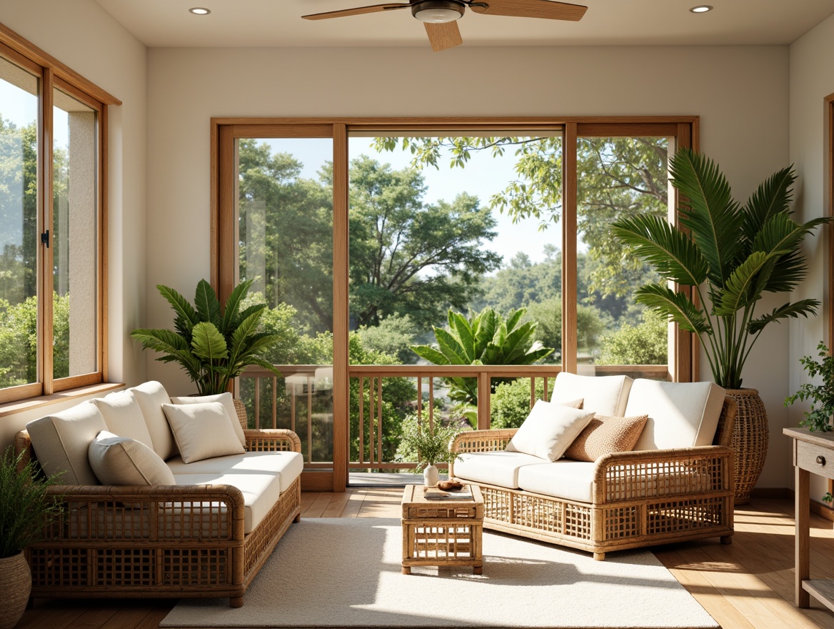 Prompt: Cozy sunroom, natural light, warm atmosphere, wicker furniture, plush cushions, rattan chairs, tropical plants, botanical patterns, soft pastel colors, creamy whites, wooden accents, minimalist decor, sliding glass doors, panoramic views, lush greenery, sunny day, soft warm lighting, shallow depth of field, 3/4 composition, realistic textures, ambient occlusion.