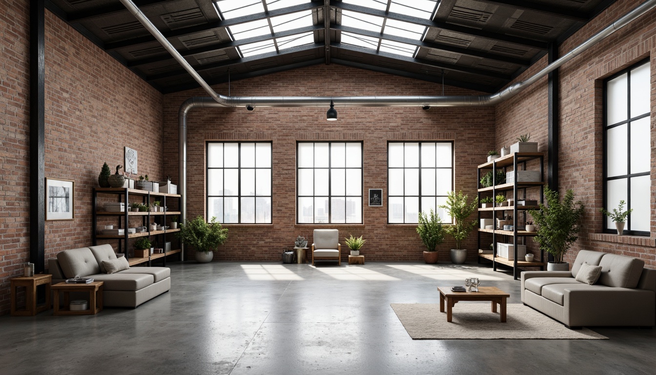 Prompt: Industrial warehouse interior, minimal decor, exposed brick walls, steel beams, polished concrete floors, natural light pouring in through skylights, functional metal shelving units, reclaimed wood accents, modern minimalist furniture, sparse greenery, urban loft atmosphere, high ceilings, open space layout, 1-point perspective composition, softbox lighting, subtle gradient tones, realistic metallic textures.