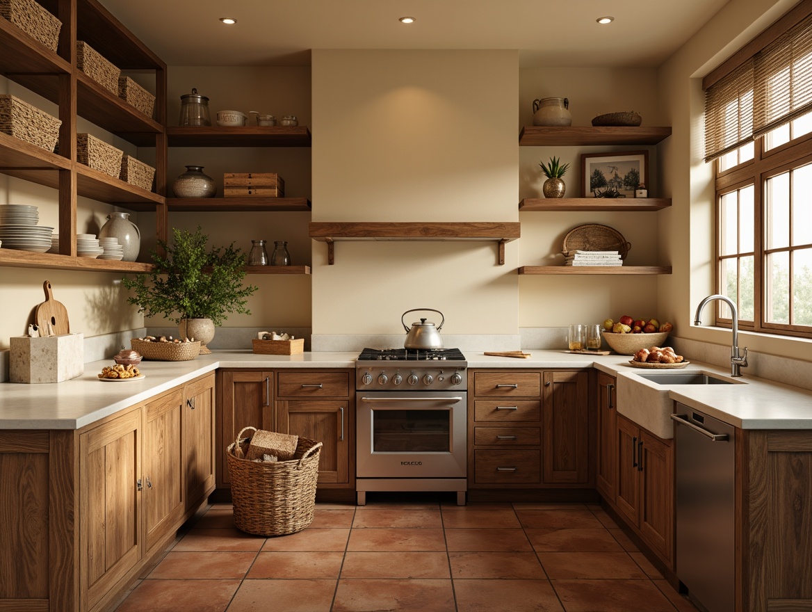 Prompt: Warm beige pantry walls, soft golden lighting, rich walnut wood cabinets, creamy white countertops, earthy terracotta flooring, calming blue-gray accents, natural woven baskets, vintage metal hardware, rustic wooden crates, warm ambient glow, shallow depth of field, 1/1 composition, realistic textures, subtle color gradations.